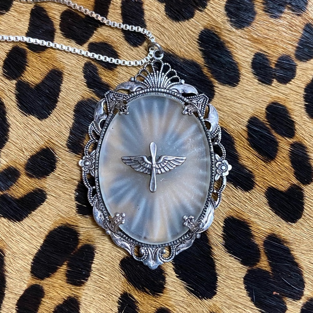 WWII Military Air Corps Wings Camphor Glass Sterling Silver Necklace Pendant